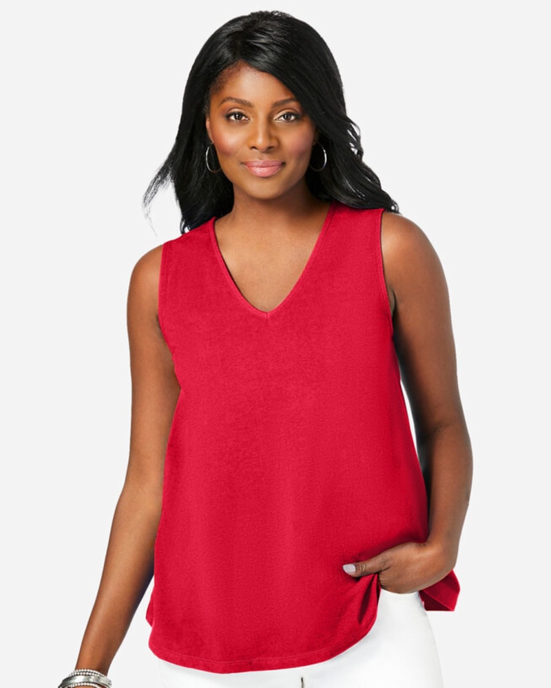 Front of a model wearing a size L Ashley Swing Tank in Vivid Red by Jessica London. | dia_product_style_image_id:383619